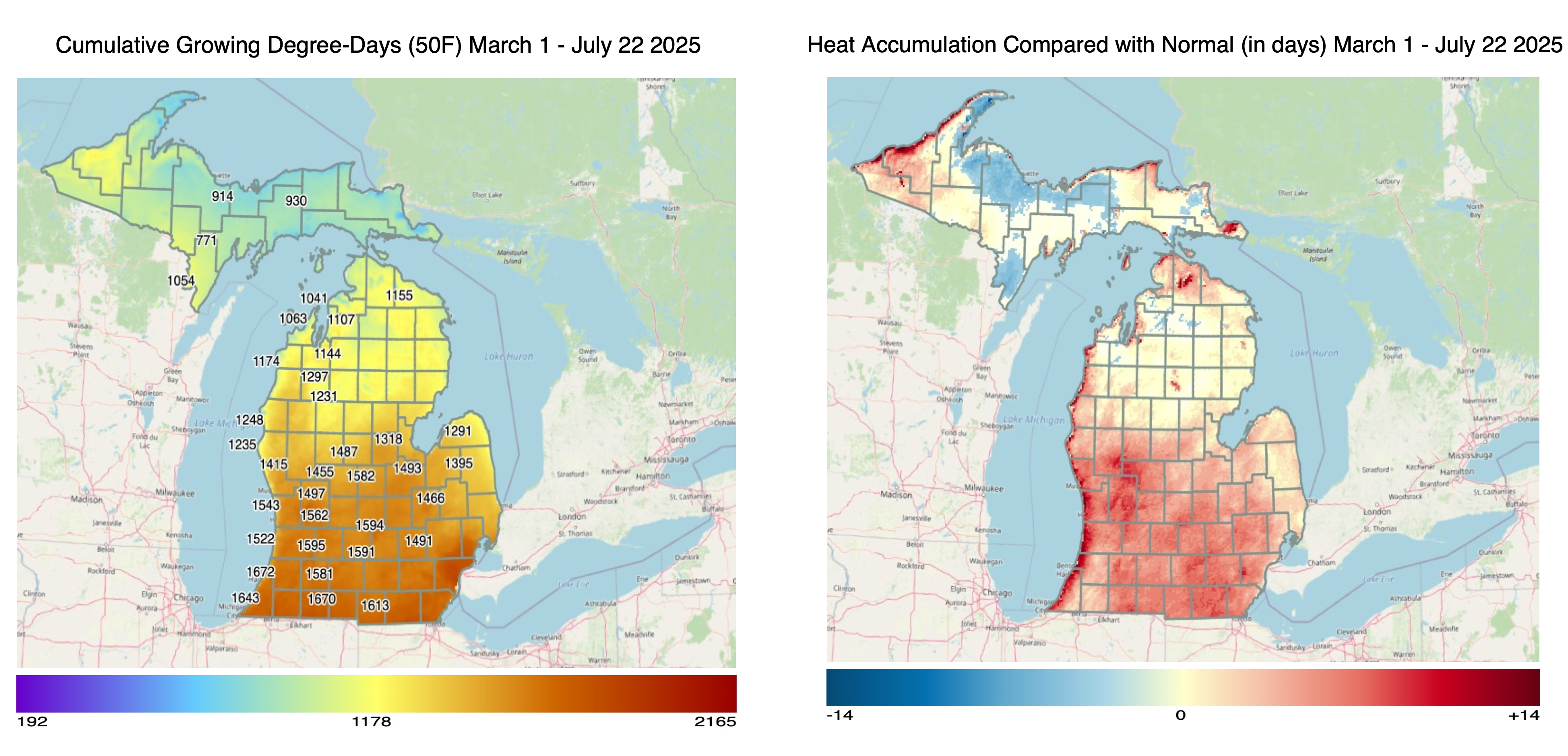 Growing Degree Days (Base 50°F) and Departure from Normal (as of July 23, 2025) Left Panel: Map of Michigan showing accumulated growing degree days (GDD) since the beginning of the growing season. Southern counties exceed 1600 GDD, while northern areas are below 1000 GDD.  Right Panel: Departure from normal GDD. Southern Michigan shows GDD 10–14 units above normal (red), while parts of the northern Lower Peninsula and Upper Peninsula are slightly below normal (blue).